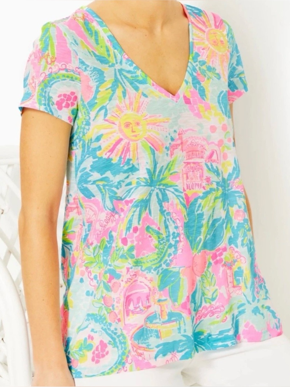 Lilly Pulitzer Etta Short Sleeve V-Neck Tropical Printed Tee, Pink & Blue, XS